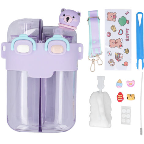 Gourde Kawaii 780ML Anti-Fuite avec Paille, Sangle Réglable et Autocollants - Violet (1/5)