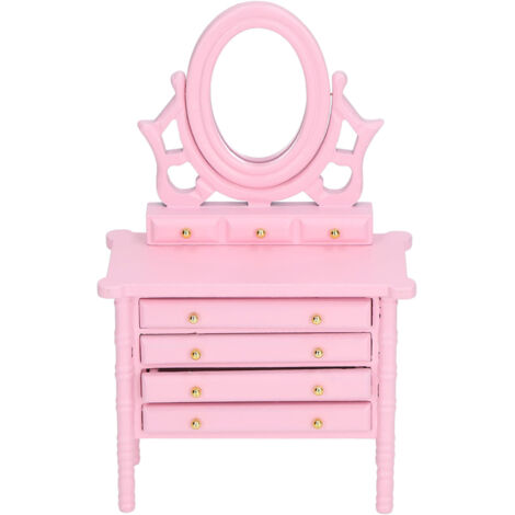 Table de toilette miniature rose pour maison de poupée 1:12, miroir et table de maquillage en bois haute simulation (1/5)