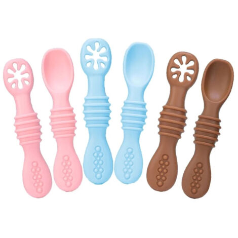 6 pièces Cuillère Bébé en Silicone Souple Sans BPA, Design Ergonomique pour Nourrisson, Bleu Ciel Rose Doux Marron (1/5)