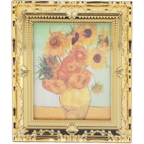 Peinture à l'huile miniature 1:12 pour maison de poupée, cadre doré artisanal, tournesol décoratif pour enfants filles (1/5)