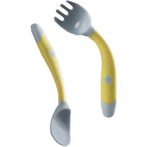 Ensemble Fourchette et Cuillère Bébé - Poignées Courbées en PP Souple - Ustensiles d'Apprentissage à l'Alimentation Autonome pour Tout-Petits - Jaune (1/5)