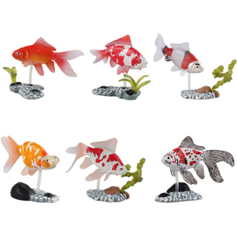 6 figurines de poissons rouges artificiels avec supports, jouets en plastique réalistes pour enfants, décoration d'aquarium. (1/5)
