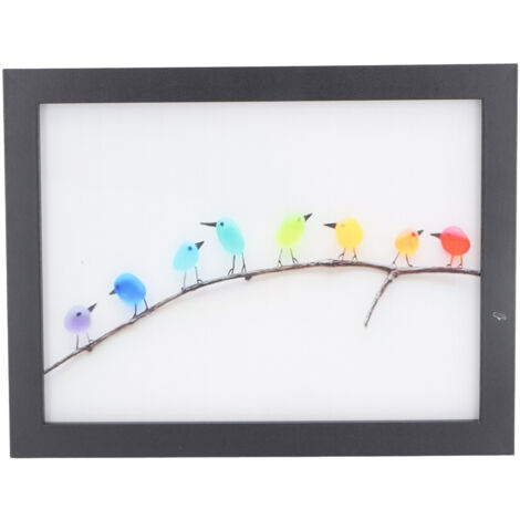 Décoration Murale Oiseaux Arc-en-Ciel en Verre de Mer - Cadre Photo Artistique Coloré en Bois et Verre Marin (1/5)