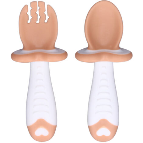 Ensemble Fourchette et Cuillère Bébé - Ustensiles d'Alimentation pour Enfants en PP Doux, Poignées Courtes, Apprentissage Mange Seul, Marron (1/5)