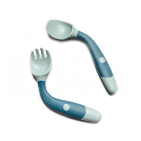 Ensemble Fourchette Cuillère Bébé avec Poignées Courbées en PP Doux pour l'Apprentissage de l'Alimentation Autonome - Vert (1/5)