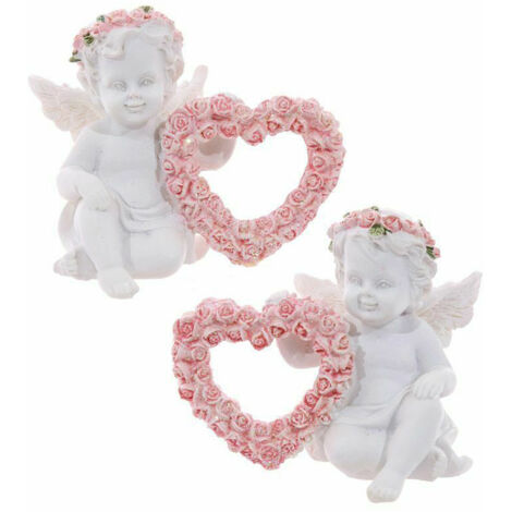 Lot de 2 statues chérubins en résine blanche avec cœur, rose et couronne - Décoration intérieure et extérieure pour jardin ou terrasse (1/5)
