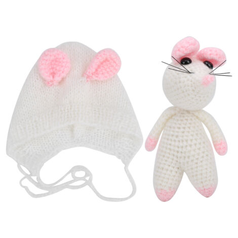 Ensemble tricoté pour nouveau-né avec chapeau souris et poupée - Idéal séance photo bébé - Blanc (1/5)
