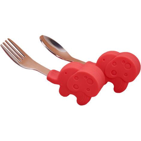 Cuillère d'Entraînement Bébé Éléphant Rouge en Silicone et Acier Inoxydable pour Enfants (1/5)