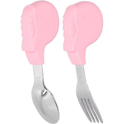 Ensemble de 2 couverts bébé, cuillère et fourchette en acier inoxydable pour l'apprentissage de l'alimentation autonome, forme de baleine rose (1/5)