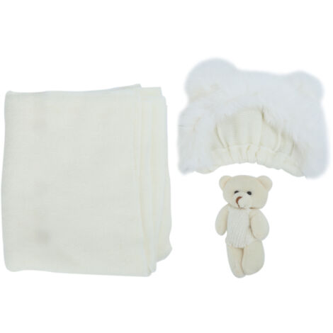 Chapeau d'ours pour nouveau‑né avec langes et poupée – Accessoires photo bébé doux et confortables (1/5)