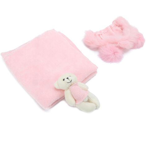 Chapeau d'ours rose pour nouveau-né avec couverture et poupée - Accessoires photo bébé doux et confortable (1/5)