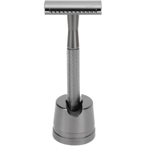 Rasoir de sécurité en alliage de zinc pour hommes, manche en laiton portable avec base, rasage double tranchant noir pour soins du visage. (1/5)