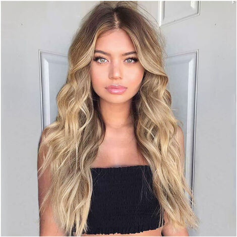 Perruque synthétique longue ondulée couleur brun doré avec couverture en maille pour femmes (1/5)