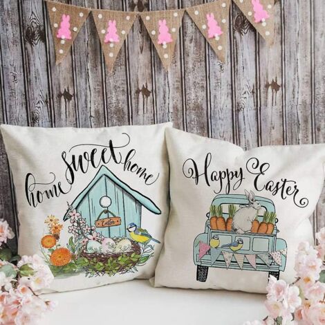 Lot de 2 housses de coussin 45x45 cm motif lapin et camion de Pâques - Coussins décoratifs style ferme - Joyeuses Pâques (1/5)