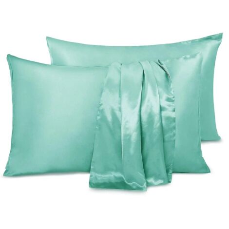 Lot de 2 taies d'oreiller en satin vert pierre foncé, 100 % microfibre douce pour le soin de la peau et des cheveux, hypoallergéniques et anti-acariens. (1/5)