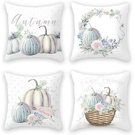 Ensemble de 4 housses de coussin décoratives d'automne à motif citrouille - Taies d'oreiller résistantes en coton et lin pour la décoration intérieure (1/5)