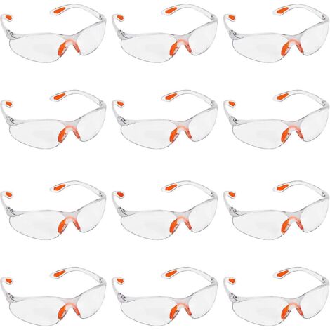 Lot de 12 lunettes de sécurité de protection transparentes avec verres en plastique, pont de nez et embouts de branches en caoutchouc pour un confort optimal - Lunettes de protection individuelle (EPI (1/5)
