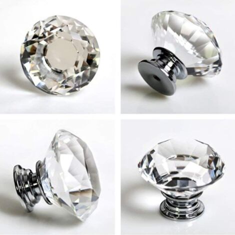 Lot de 10 poignées décoratives en verre cristal transparent effet diamant pour tiroirs et placards, 40 mm. (1/4)