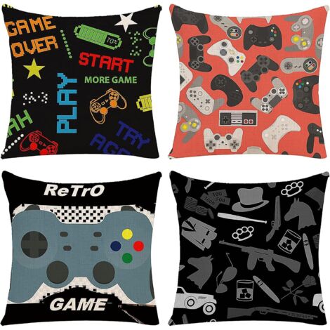 Lot de 4 housses de coussin à thème jeux vidéo (45 x 45 cm, 4 motifs) - Taies d'oreiller pour canapé, housses de coussin carrées décoratives pour soirées jeux vidéo (1/5)