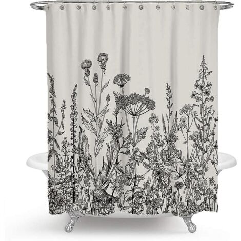 Rideau de douche imperméable à motif floral noir et blanc - 180 x 200 cm (1/5)