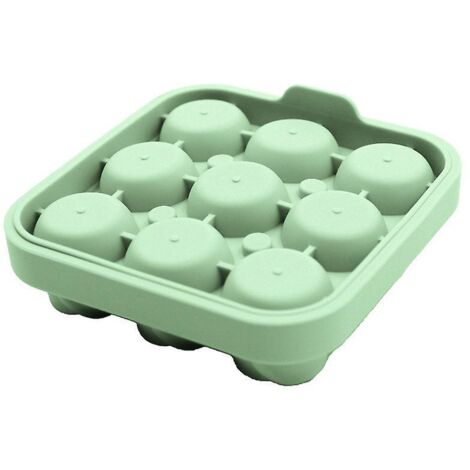 Moule à glaçons rond en silicone à 9 cavités, vert, couvercle réutilisable avec emporte-pièce, sans BPA, pour alcool, cocktails et whisky. (1/5)