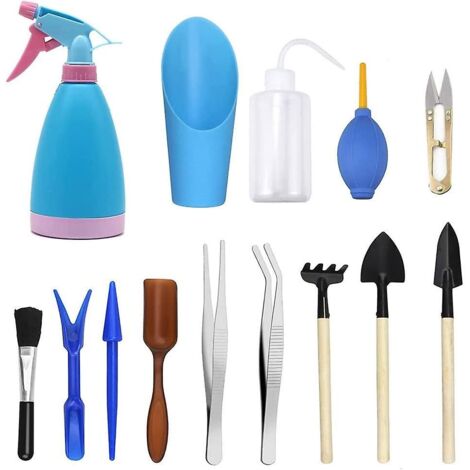 Ensemble de 14 outils de jardinage miniatures comprenant une bouilloire, une pelle, un pulvérisateur et plus encore. (1/5)