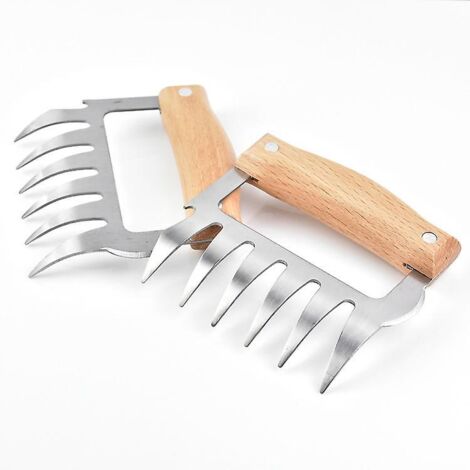 Hachoirs à viande en acier inoxydable en forme de griffe d'ours - Lot de 2 avec manches en bois - Outils de barbecue multifonctionnels - Accessoire idéal pour diverses viandes (1/5)