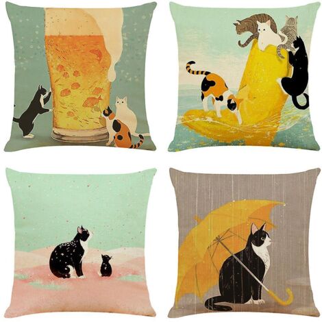 Ensemble de 4 housses de coussin en lin à motif chat, 45 x 45 cm, taies d'oreiller décoratives pour canapé et lit, idéales pour les fêtes. (1/5)