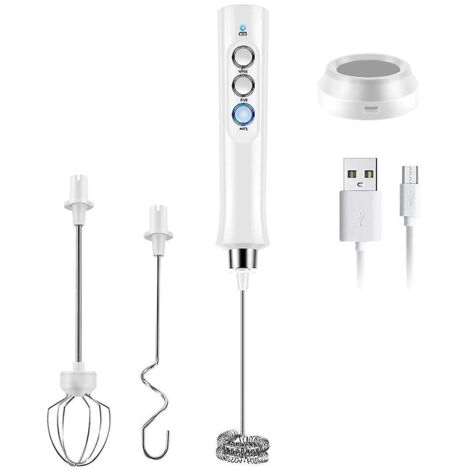 Mousseur à lait électrique rechargeable USB avec double poignée, mousseur et fouet en acier inoxydable pour latte et cappuccino, support inclus (1/5)