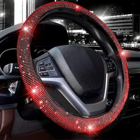 Housse de volant Bling Bling Crystal Diamond pour femmes, protection de volant scintillante pour voiture et SUV, taille universelle 15 pouces (diamant rouge) (1/4)