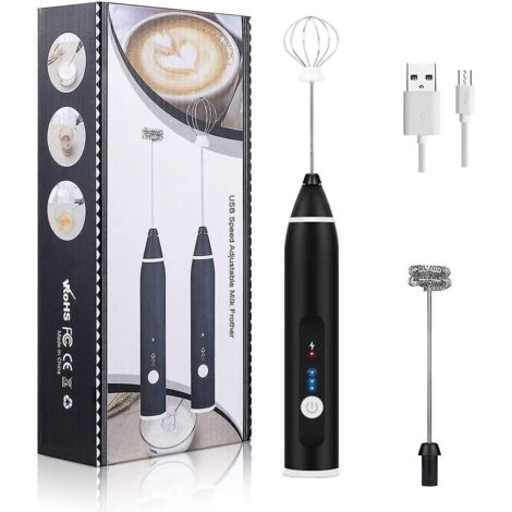 Mousseur à lait et mixeur électrique portable rechargeable avec 3 vitesses, noir (1/5)