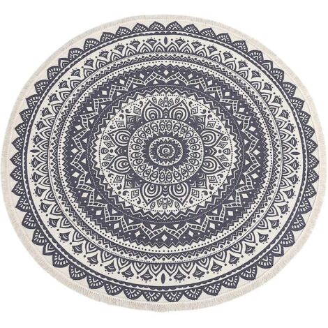 Tapis rond en coton tissé à la main, lavable et orné de pompons - 120 cm de diamètre - Idéal pour la maison, la cuisine, le salon et la chambre. (1/4)