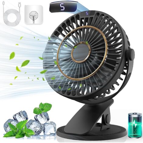 Mini ventilateur de bureau USB rechargeable avec écran LCD, 5 vitesses, rotation à 720° - Ventilateur de table silencieux et portable pour le bureau, la maison et le camping (1/5)