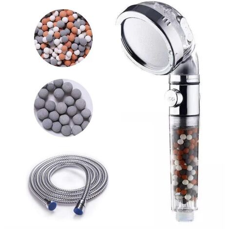 Pommeau de douche anticalcaire avec flexible de 1,5 m et filtre à pression économique en eau - Système de filtration à trois niveaux avec 3 sachets de billes minérales (1/5)