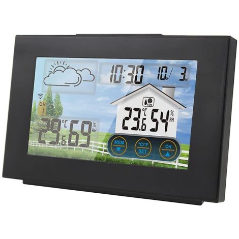 Station météo numérique avec capteur extérieur, thermomètre intérieur et extérieur, hygromètre, écran tactile LED et horloge numérique avec calendrier. (1/5)