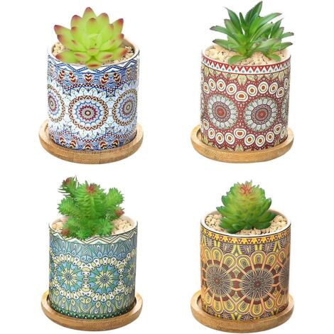 Ensemble de pots à succulentes en céramique à motif mandala avec plateau - Parfait pour la décoration d'un balcon, d'une maison ou d'un bureau (4 pièces) (1/5)