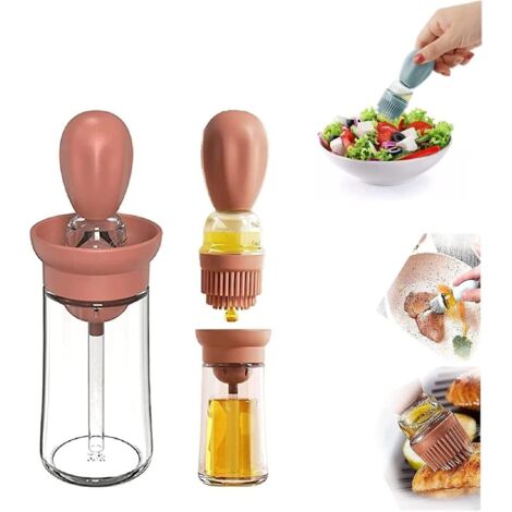 Lot de 2 flacons distributeurs d'huile étanches de 180 ml avec pinceau à badigeonner en silicone pour grillades, cuisson et salades - Marron (1/4)