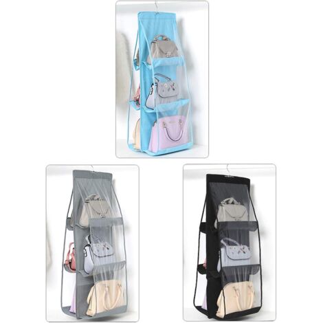 Ensemble de 3 pochettes de rangement suspendues grises, bleues et noires pour sacs à main, compartiments transparents pour vêtements, organisateur de placard et de chambre (1/5)