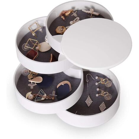 Boîte à bijoux à 4 compartiments avec porte-boucles d'oreilles pour femmes et enfants - Plateau de voyage rond blanc pour bracelets, bagues et colliers (1/5)