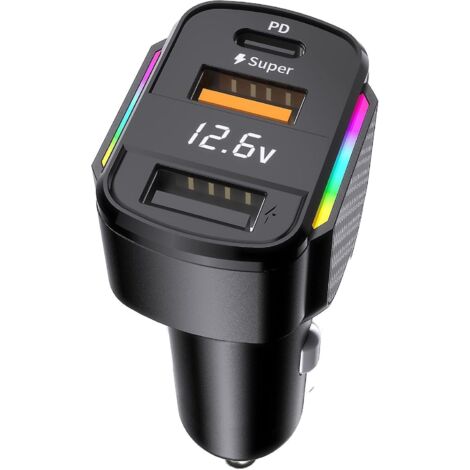 Chargeur allume-cigare USB-C 3 ports PD3.0 et QC3.0 avec voltmètre LED (1/5)