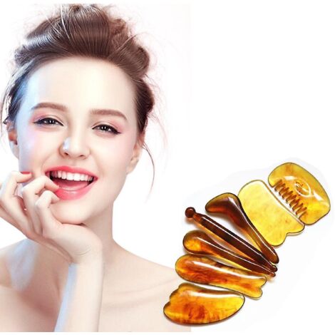 Ensemble de 7 outils Gua Sha - Kit de massage authentique en pierre de jade naturelle pour spa et minceur (Jaune) (1/3)
