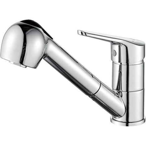 Robinet de cuisine extractible à rotation 360° avec douchette et mitigeur d'évier à bec bas, finition chrome/argent (1/5)