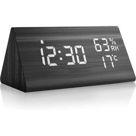 Réveil numérique en bois noir avec fonction snooze, date, température et humidité (1/5)