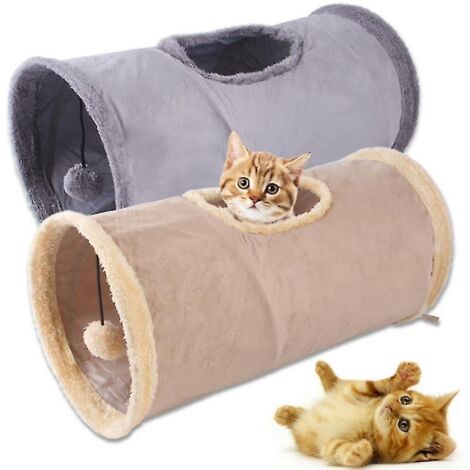 Lot de 2 tunnels pliables en daim résistant pour chat, avec cachette bruissante et jouet à balle, coloris kaki et gris. (1/4)