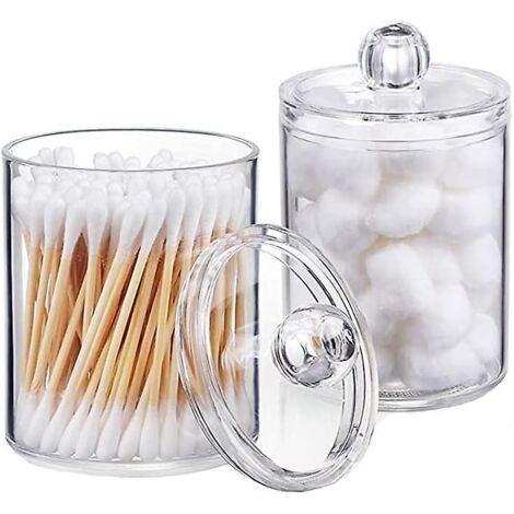 Ensemble de 2 distributeurs ronds transparents pour cotons-tiges avec couvercles pour cosmétiques et boîte de rangement pour boules de coton (1/5)