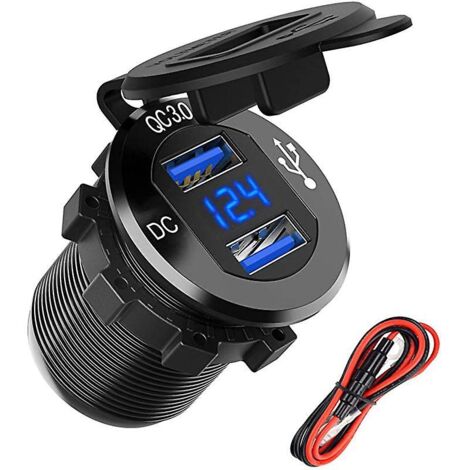 Chargeur de voiture USB rapide étanche à double port avec QC3.0, 12 V/24 V 36 W, voltmètre numérique LED pour moto, caravane, camion, bateau (bleu) (1/5)