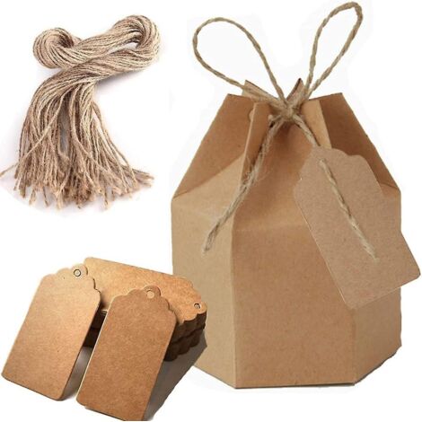 50 boîtes cadeaux hexagonales en papier kraft avec étiquettes et ficelle de jute pour mariage, anniversaire, fête (1/5)
