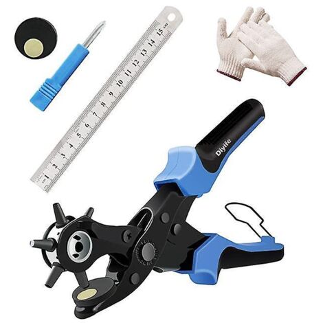 Pince à perforer professionnelle pour cuir avec 6 tailles, 2 plaques de perforation et une règle - Idéale pour le cuir, le papier, le plastique, le feutre et plus encore (1/5)