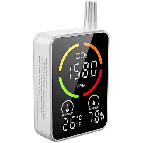 Moniteur infrarouge 3 en 1 à semi-conducteurs pour la mesure du CO2, de la température et de l'humidité, avec affichage numérique et fonction heure. (1/5)