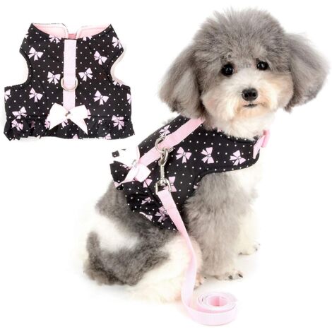 Ensemble harnais et laisse rembourrés en coton avec joli nœud papillon pour petit chien ou chiot - Robe-veste anti-traction pour chaton noire, taille M - Idéal pour Chihuahua, Yorkshire (1/5)